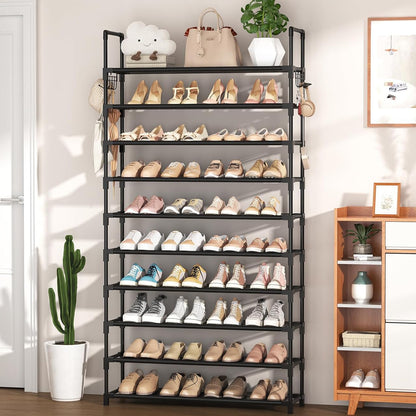 Organizator pentru Pantofi Elindor® Pantofar cu 10 Nivele Mari si 10 Carlige Metalice, Fara Gauri, Suport Metalic pentru Papuci, Dulap Hol, Dormitor, Economisire Spatiu, Depozitare Incaltaminte, 25 × 86 × 173 cm, Negru