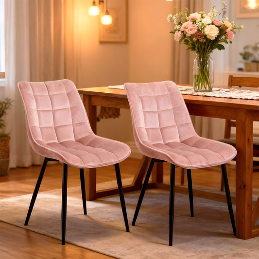 Set 2 Scaune Elindor® Ergonomice, Design Contemporan, Scaun cu Spatar si fara Manere, din Catifea cu Picioare Metalice Negre, Potrivite pentru Living, Bucatarie, Birou, Dormitor, Latime Sezut 46 cm, 85.5 x 45 x 42 cm, Roz