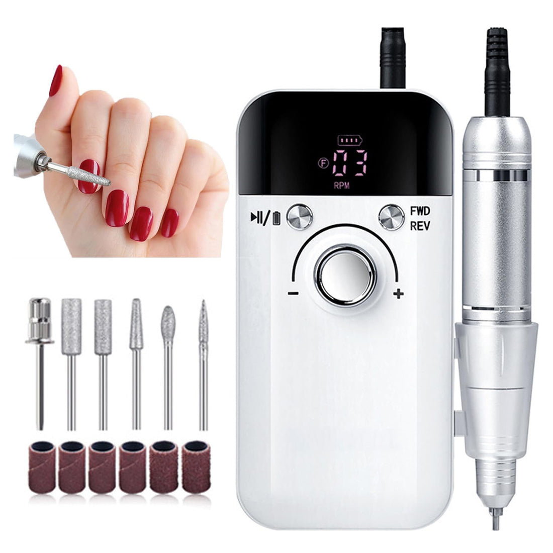 Freza Unghii Electrica Elindor® cu Suport Pila Electrica Reincarcabila, Set Complet de Ingrijire pentru Manichiura si Pedichiura Profesionala, Cuticule sau Calcaie, 45000 RPM, Viteza Reglaj Continuu, 6 Capete Detasabile, 6 Benzi Abrazive, Ecran LCD, Alb
