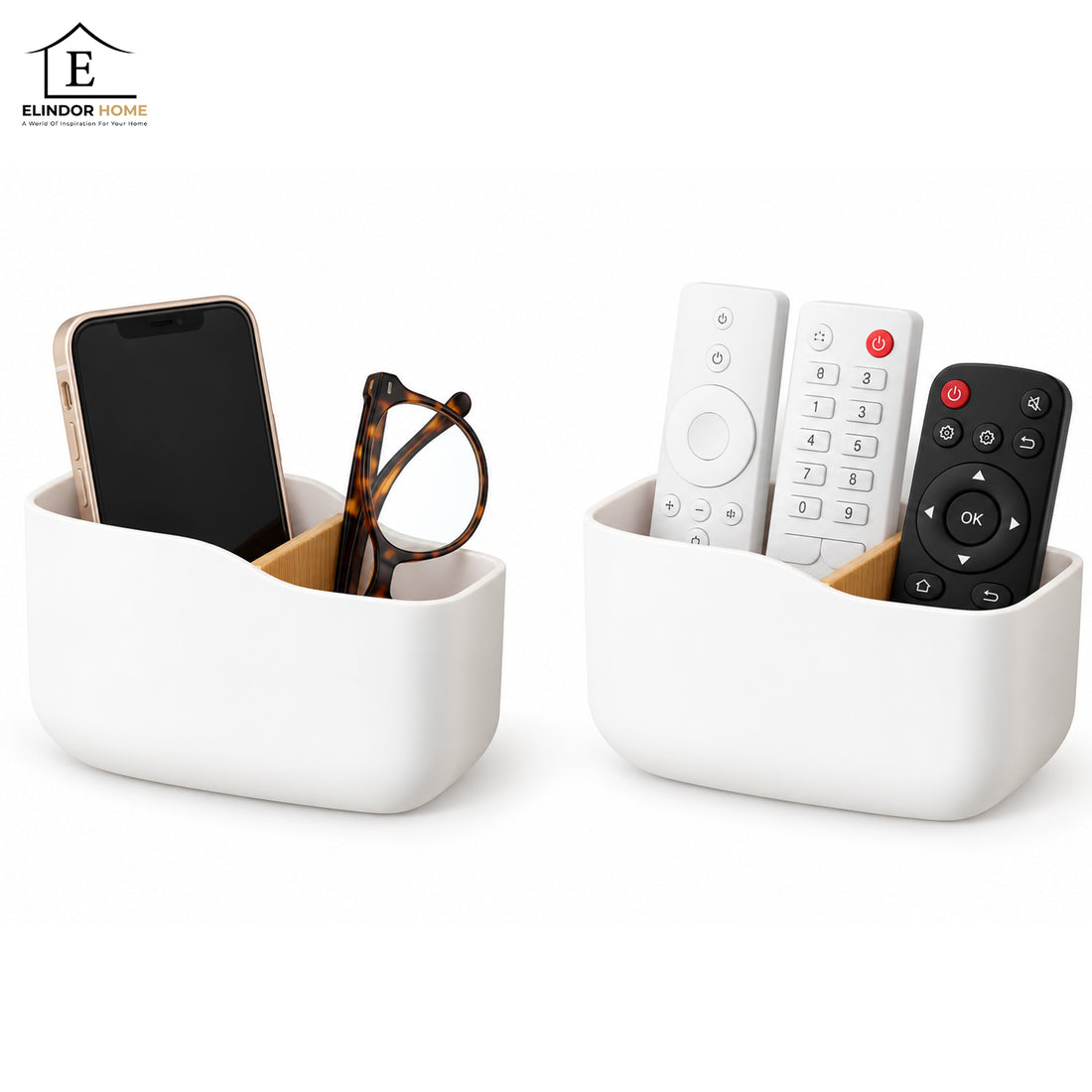 Set 2 Organizatoare de Perete Elindor®, Suport pentru Telecomenzi, Telefon, Ochelari si Accesorii, 2 Compartimente Fiecare, Separator din Bambus, Montaj Autoadeziv fara Gaurire, pentru Living, Dormitor si Birou, 14 x 5.5 x 9.5 cm, Alb