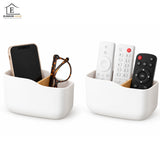 Set 2 Organizatoare de Perete Elindor®, Suport pentru Telecomenzi, Telefon, Ochelari si Accesorii, 2 Compartimente Fiecare, Separator din Bambus, Montaj Autoadeziv fara Gaurire, pentru Living, Dormitor si Birou, 14 x 5.5 x 9.5 cm, Alb