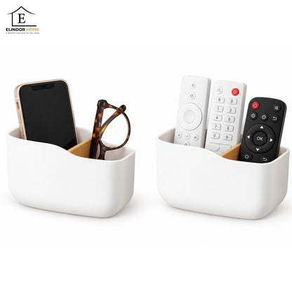 Set 2 Organizatoare de Perete Elindor®, Suport pentru Telecomenzi, Telefon, Ochelari si Accesorii, 2 Compartimente Fiecare, Separator din Bambus, Montaj Autoadeziv fara Gaurire, pentru Living, Dormitor si Birou, 14 x 5.5 x 9.5 cm, Alb