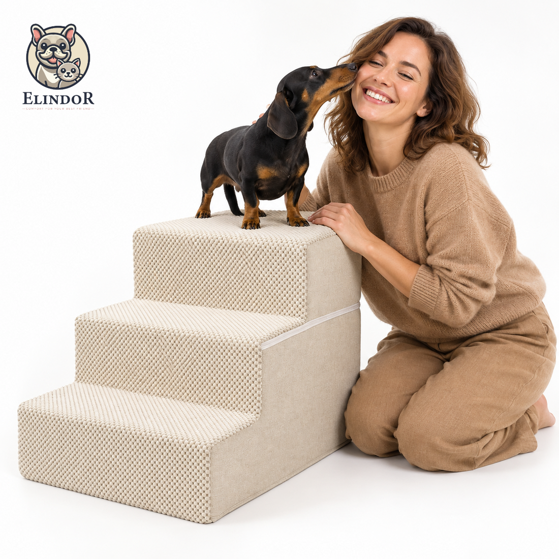 Scari Animale Elindor®, 3 Trepte pentru Caini si Pisici, Trepte Antiderapante pentru Pat sau Canapea, Structura din Spuma cu Rezilienta Ridicata si Material Textil, pentru Dormitor, Living, 45.7 x 38.1 x 34.3 cm, Bej