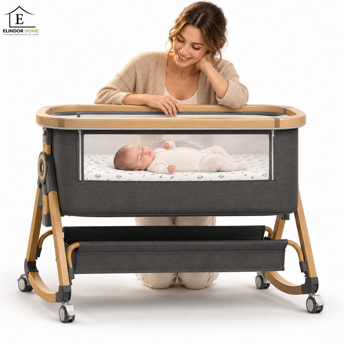 Patut Pliabil Bebelusi Elindor® 3 in 1, pentru Copii 0-6 luni, Leagan Bebe pe 2 Etaje, Cos Depozitare, 6 Trepte de Inaltime Reglabila, Portabil, Plasa Laterala, Plasa Anti-insecte, Roti cu Sistem Blocare, Saltea Integrata, Greutate Maxima 10 kg, Gri
