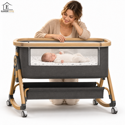 Patut Pliabil Bebelusi Elindor® 3 in 1, pentru Copii 0-6 luni, Leagan Bebe pe 2 Etaje, Cos Depozitare, 6 Trepte de Inaltime Reglabila, Portabil, Plasa Laterala, Plasa Anti-insecte, Roti cu Sistem Blocare, Saltea Integrata, Greutate Maxima 10 kg, Gri