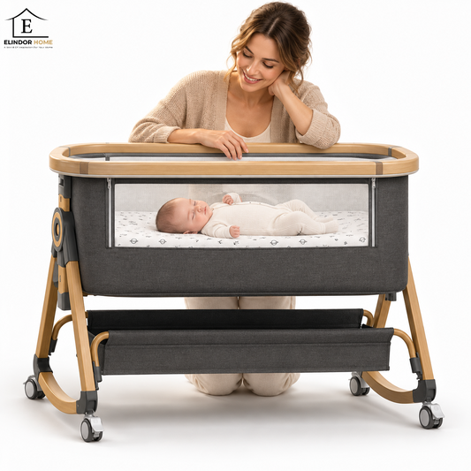 Patut Pliabil Bebelusi Elindor® 3 in 1, pentru Copii 0-6 luni, Leagan Bebe pe 2 Etaje, Cos Depozitare, 6 Trepte de Inaltime Reglabila, Portabil, Plasa Laterala, Plasa Anti-insecte, Roti cu Sistem Blocare, Saltea Integrata, Greutate Maxima 10 kg, Gri