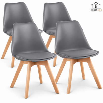 Set 4 Scaune Dining Elindor®, Stil Retro, Piele Ecologica, Picioare din Lemn Natural, Spatar Ergonomic, Sezut Confortabil, Design Elegant pentru Living, Bucatarie sau Dining, Gri