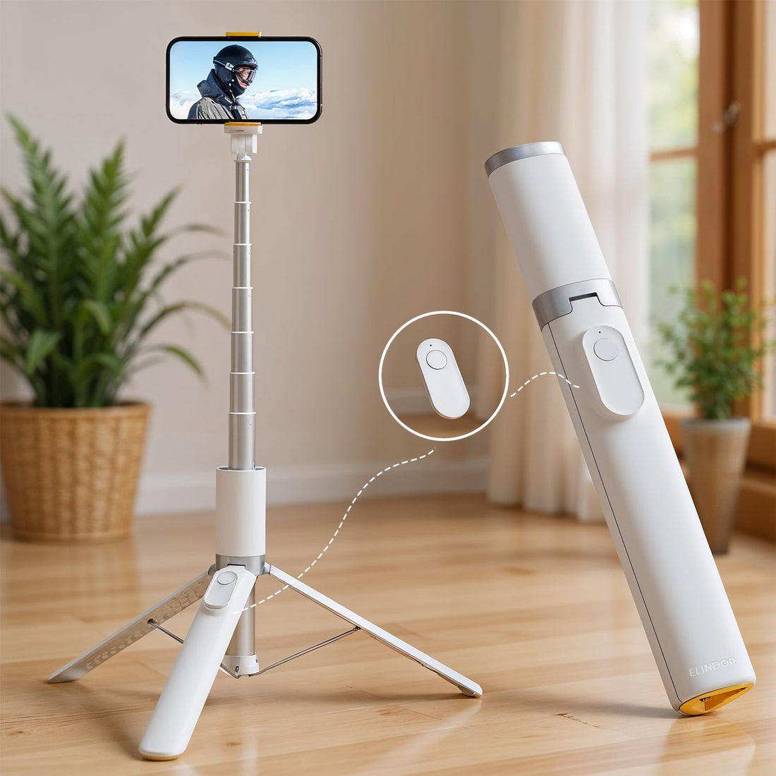 Trepied Foto Telescopic Profesional Elindor® Stativ Telefon 2-in1, cu Telecomanda Bluetooth si Functie Selfie Stick, Compatibil iPhone / Android, Tripod Universal, Suport Durabil si Usor, Unghi Ajustabil 180°, 32-159 cm, pentru Foto / Video, Alb