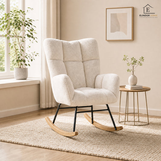 Fotoliu Balansoar Crem Deschis Elindor® cu Perna Moale si Spatar Inalt, Pufos, Ergonomic, Cadru Solid din Otel si Lemn, Suporta 115 kg, Ideal pentru Camera Copilului, Living sau Dormitor