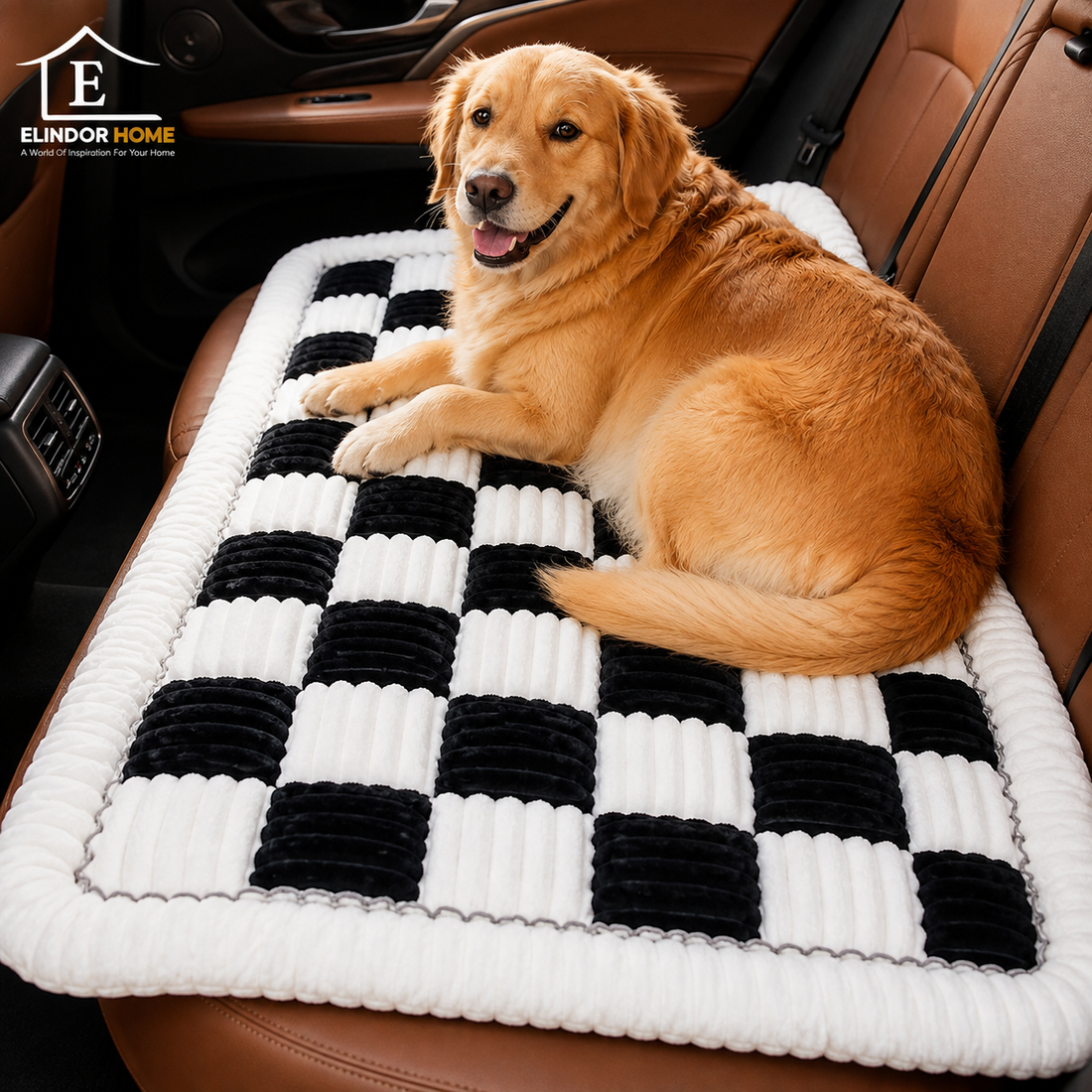 Patura Caini Scaun Auto Elindor® pentru Protectie Bancheta, Transport Animale, Caini si Pisici, Universala, Pat Auto Bancheta Spate, Lavabila, Antialunecare, Model Sah, 137 × 63 × 5 cm, Negru cu Alb