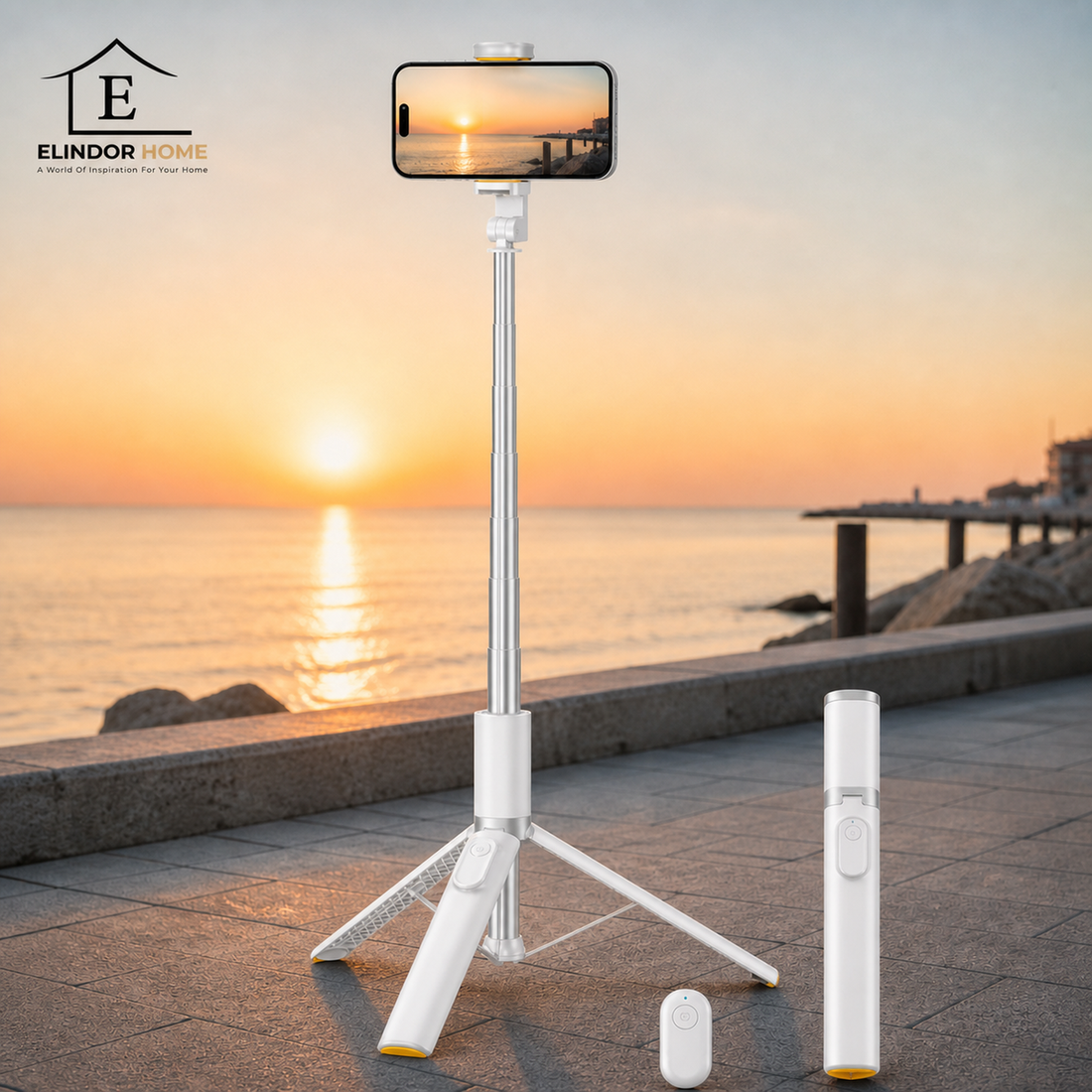 Trepied Foto Telescopic Profesional Elindor® Stativ Telefon 2-in-1, cu Telecomanda Bluetooth si Functie Selfie Stick, Compatibil iPhone / Android, Tripod Universal, Suport Durabil si Usor, Unghi Ajustabil 180°, 32-160 cm, pentru Foto / Video, Alb