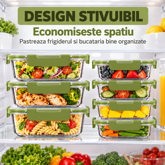Set de 10 Caserole Elindor® din Sticla Borosilicata, Recipiente Ingrediente pentru Bucatarie, pentru Alimente Uscate, Recipient pentru Depozitare Zahar, Cafea, Paste, Cereale, Capac Etans, Verde Lime