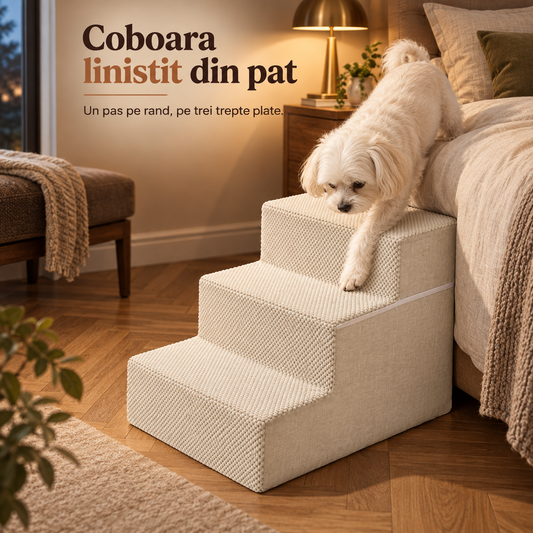 Scari Animale Elindor®, 3 Trepte pentru Caini si Pisici, Trepte Antiderapante pentru Pat sau Canapea, Structura din Spuma cu Rezilienta Ridicata si Material Textil, pentru Dormitor, Living, 45.7 x 38.1 x 34.3 cm, Bej