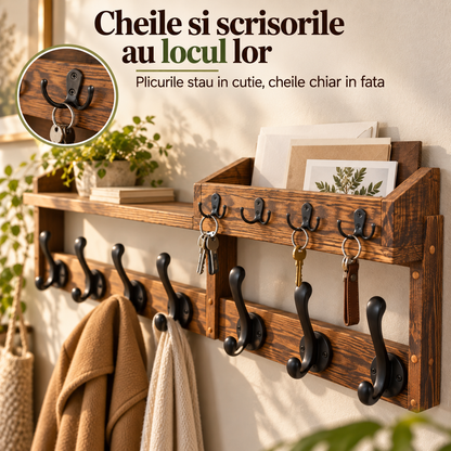 Set 2 Cuiere Suspendate Elindor®, Raft pe 2 Niveluri, cu 11 Carlige Duble, Mobila Hol, Birou, Etajera Practica cu Design Aerisit, Usor de Asamblat, Perfecta pentru Organizare, Polita Produse Diverse, 67 x 11 x 23 cm, Maro Rustic