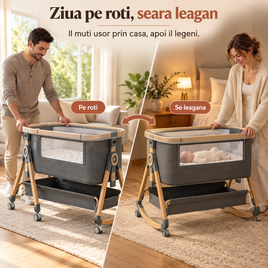 Patut Pliabil Bebelusi Elindor® 3 in 1, pentru Copii 0-6 luni, Leagan Bebe pe 2 Etaje, Cos Depozitare, 6 Trepte de Inaltime Reglabila, Portabil, Plasa Laterala, Plasa Anti-insecte, Roti cu Sistem Blocare, Saltea Integrata, Greutate Maxima 10 kg, Gri