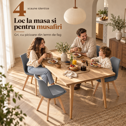 Set 4 Scaune Dining Elindor®, Stil Retro, Piele Ecologica, Picioare din Lemn Natural, Spatar Ergonomic, Sezut Confortabil, Design Elegant pentru Living, Bucatarie sau Dining, Gri