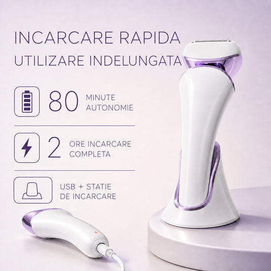 Aparat de Ras Femei Elindor® 3 in 1 Umed Uscat, Epilator Electric Dama USB, Trimmer Corp 3 Lame Detasabile IPX6, 900mAh, Epilare Maini Picioare Axile Inghinal Zona intima, Mov