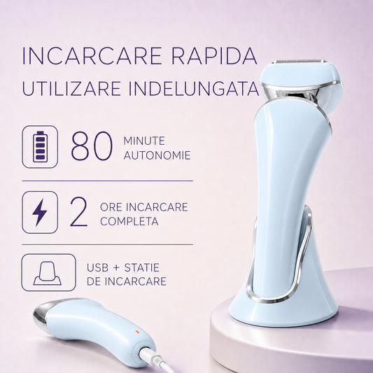 Aparat de Ras Electric Elindor® pentru Femei, 3-In-1, USB Reincarcabil, Ras Uscat/Umed, Albastru