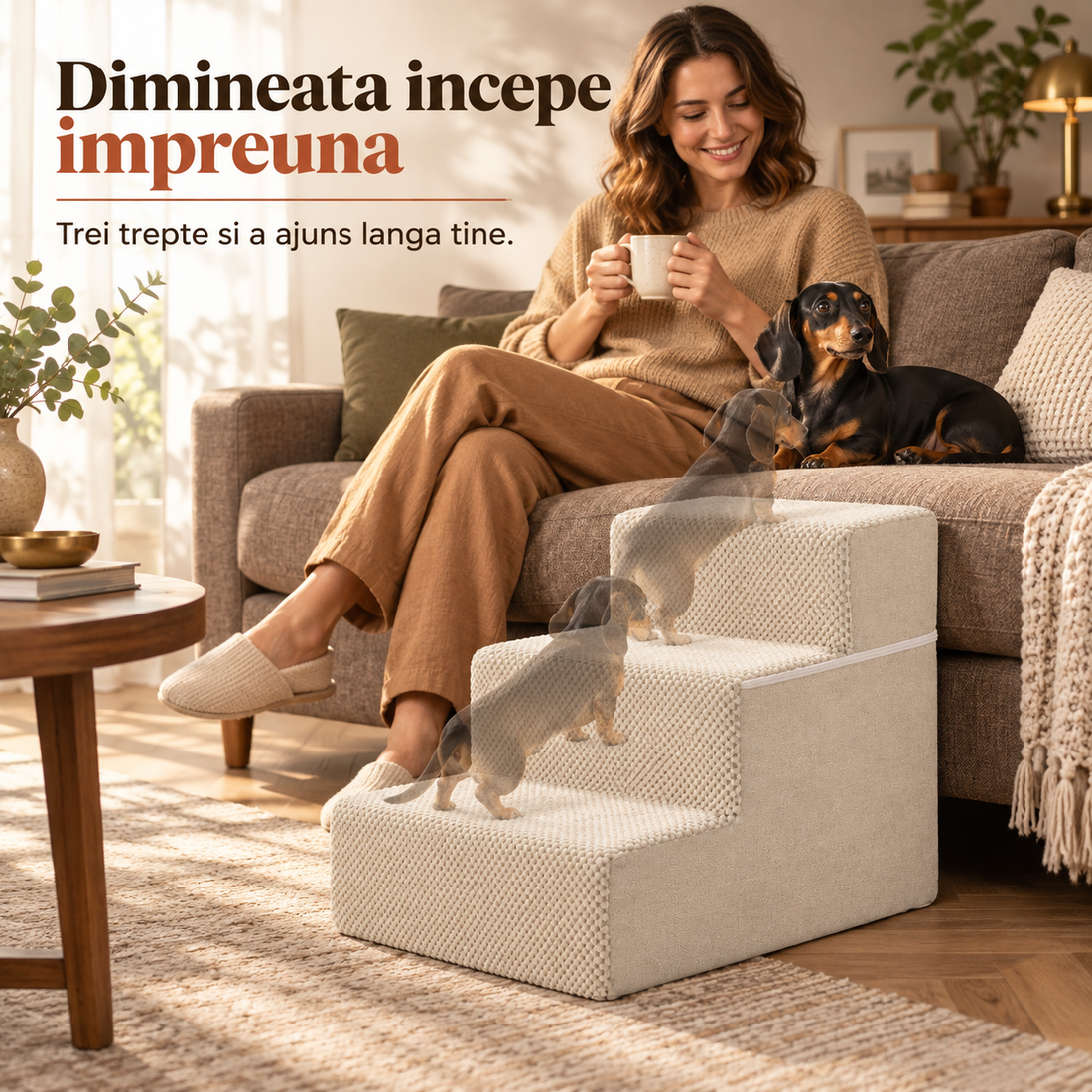 Scari Animale Elindor®, 3 Trepte pentru Caini si Pisici, Trepte Antiderapante pentru Pat sau Canapea, Structura din Spuma cu Rezilienta Ridicata si Material Textil, pentru Dormitor, Living, 45.7 x 38.1 x 34.3 cm, Bej