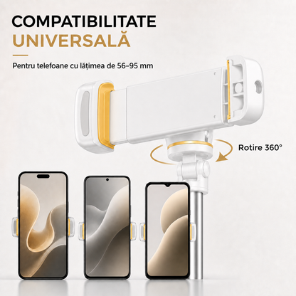 Trepied Foto Telescopic Profesional Elindor® Stativ Telefon 2-in-1, cu Telecomanda Bluetooth si Functie Selfie Stick, Compatibil iPhone / Android, Tripod Universal, Suport Durabil si Usor, Unghi Ajustabil 180°, 32-160 cm, pentru Foto / Video, Alb