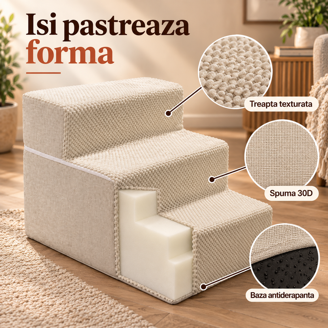 Scari Animale Elindor®, 3 Trepte pentru Caini si Pisici, Trepte Antiderapante pentru Pat sau Canapea, Structura din Spuma cu Rezilienta Ridicata si Material Textil, pentru Dormitor, Living, 45.7 x 38.1 x 34.3 cm, Bej