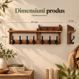 Set 2 Cuiere Suspendate Elindor®, Raft pe 2 Niveluri, cu 11 Carlige Duble, Mobila Hol, Birou, Etajera Practica cu Design Aerisit, Usor de Asamblat, Perfecta pentru Organizare, Polita Produse Diverse, 67 x 11 x 23 cm, Maro Rustic