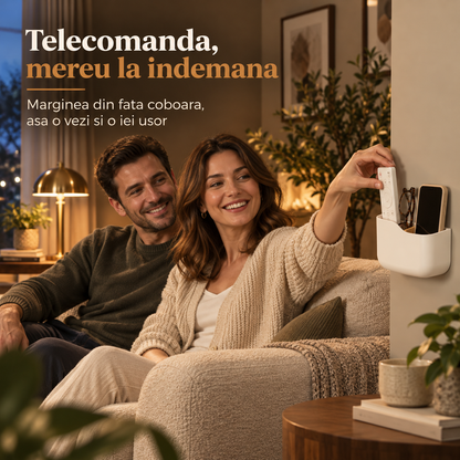 Set 2 Organizatoare de Perete Elindor®, Suport pentru Telecomenzi, Telefon, Ochelari si Accesorii, 2 Compartimente Fiecare, Separator din Bambus, Montaj Autoadeziv fara Gaurire, pentru Living, Dormitor si Birou, 14 x 5.5 x 9.5 cm, Alb