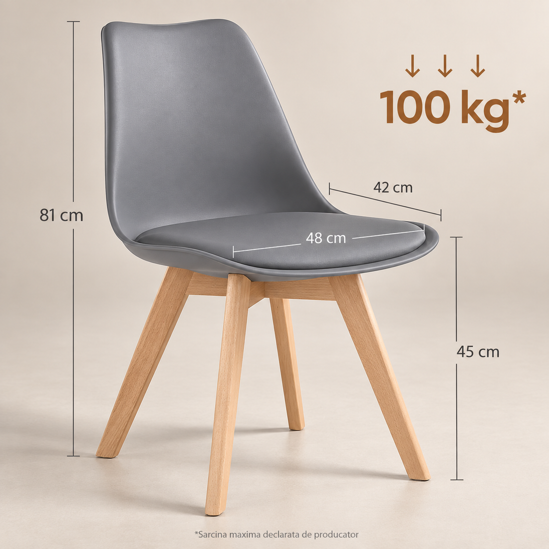 Set 4 Scaune Dining Elindor®, Stil Retro, Piele Ecologica, Picioare din Lemn Natural, Spatar Ergonomic, Sezut Confortabil, Design Elegant pentru Living, Bucatarie sau Dining, Gri