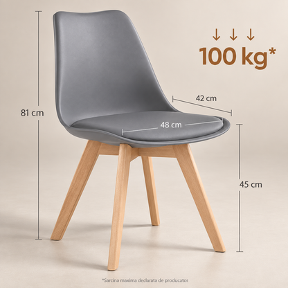 Set 4 Scaune Dining Elindor®, Stil Retro, Piele Ecologica, Picioare din Lemn Natural, Spatar Ergonomic, Sezut Confortabil, Design Elegant pentru Living, Bucatarie sau Dining, Gri