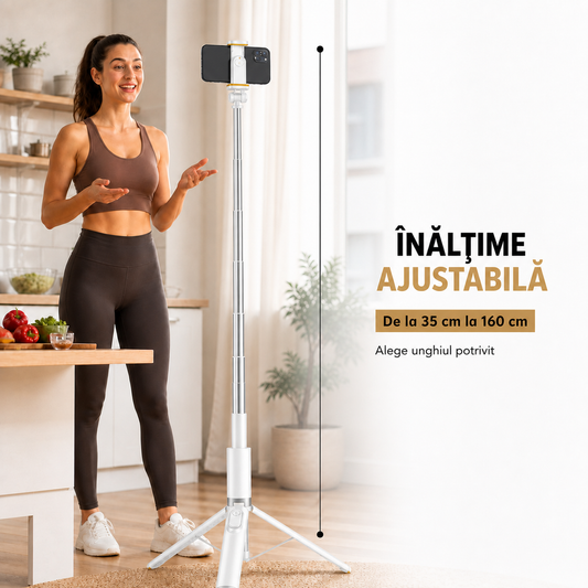 Trepied Foto Telescopic Profesional Elindor® Stativ Telefon 2-in-1, cu Telecomanda Bluetooth si Functie Selfie Stick, Compatibil iPhone / Android, Tripod Universal, Suport Durabil si Usor, Unghi Ajustabil 180°, 32-160 cm, pentru Foto / Video, Alb