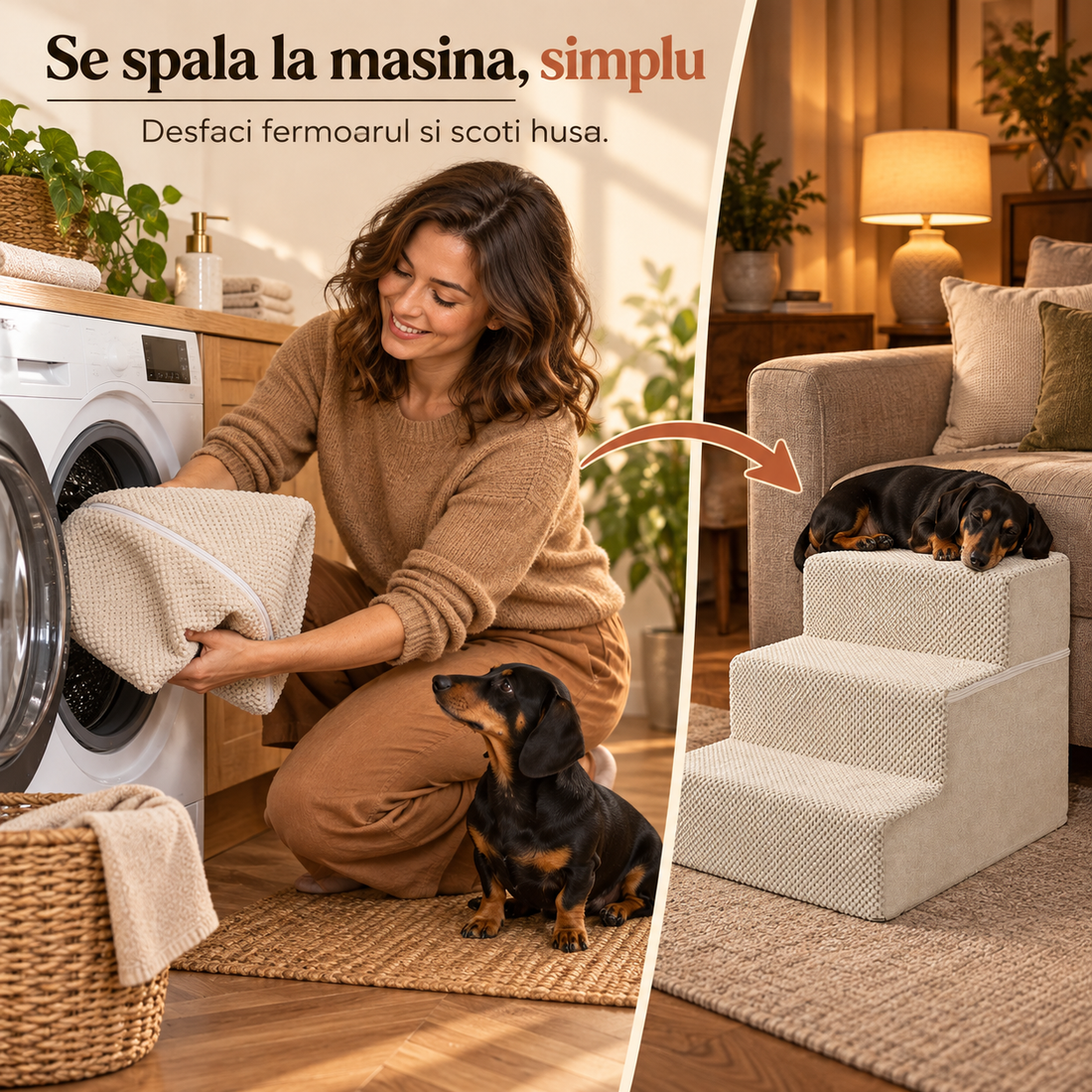 Scari Animale Elindor®, 3 Trepte pentru Caini si Pisici, Trepte Antiderapante pentru Pat sau Canapea, Structura din Spuma cu Rezilienta Ridicata si Material Textil, pentru Dormitor, Living, 45.7 x 38.1 x 34.3 cm, Bej