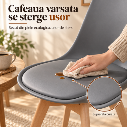 Set 4 Scaune Dining Elindor®, Stil Retro, Piele Ecologica, Picioare din Lemn Natural, Spatar Ergonomic, Sezut Confortabil, Design Elegant pentru Living, Bucatarie sau Dining, Gri