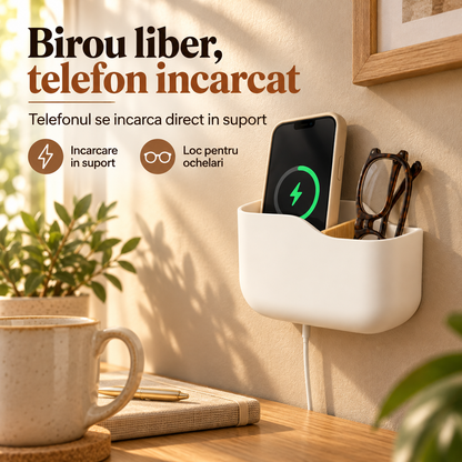 Set 2 Organizatoare de Perete Elindor®, Suport pentru Telecomenzi, Telefon, Ochelari si Accesorii, 2 Compartimente Fiecare, Separator din Bambus, Montaj Autoadeziv fara Gaurire, pentru Living, Dormitor si Birou, 14 x 5.5 x 9.5 cm, Alb
