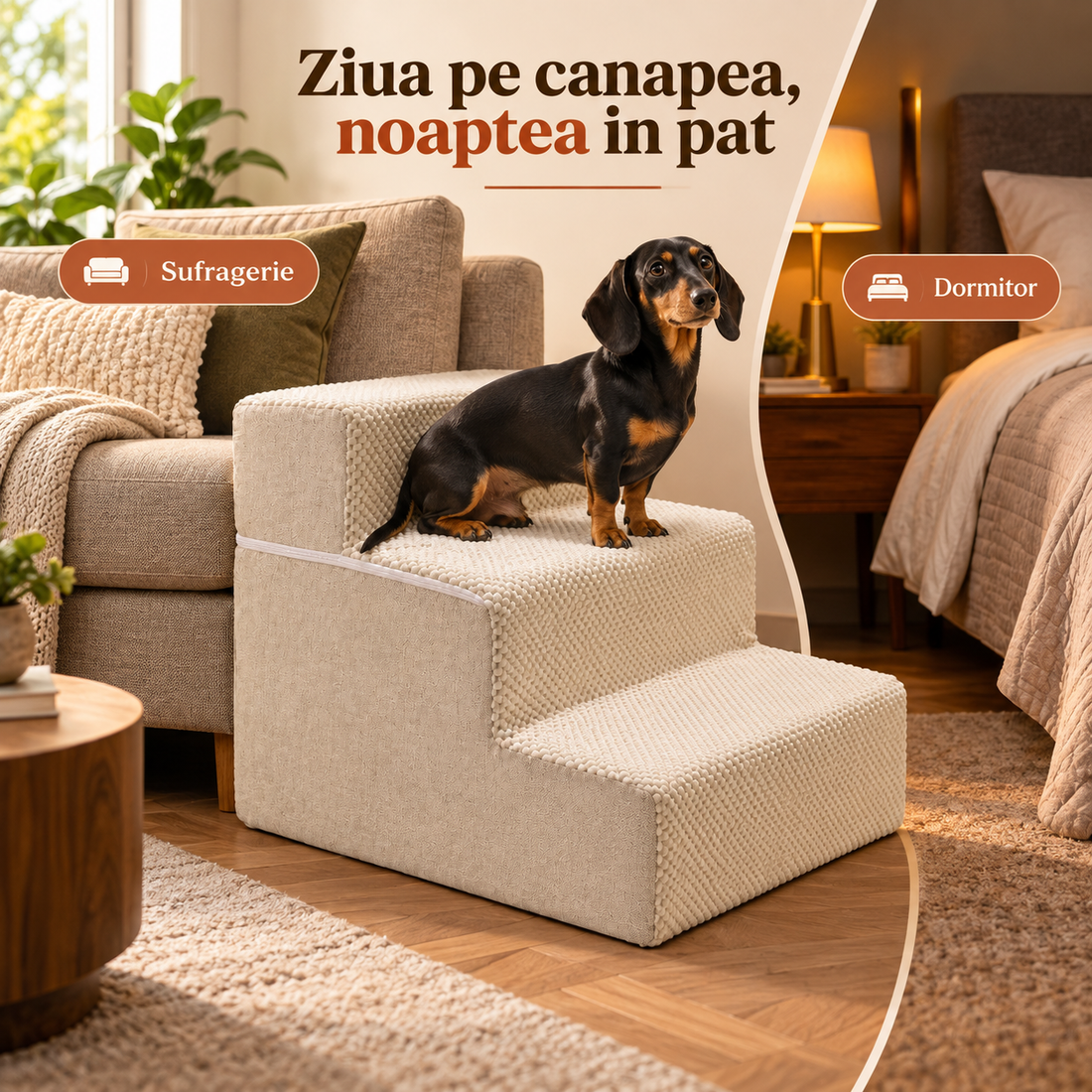 Scari Animale Elindor®, 3 Trepte pentru Caini si Pisici, Trepte Antiderapante pentru Pat sau Canapea, Structura din Spuma cu Rezilienta Ridicata si Material Textil, pentru Dormitor, Living, 45.7 x 38.1 x 34.3 cm, Bej