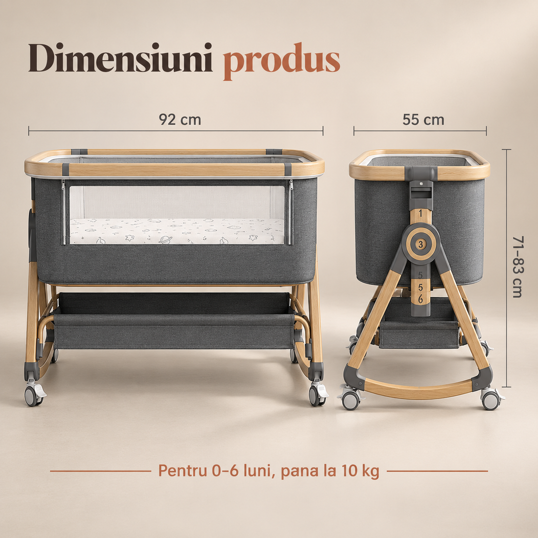 Patut Pliabil Bebelusi Elindor® 3 in 1, pentru Copii 0-6 luni, Leagan Bebe pe 2 Etaje, Cos Depozitare, 6 Trepte de Inaltime Reglabila, Portabil, Plasa Laterala, Plasa Anti-insecte, Roti cu Sistem Blocare, Saltea Integrata, Greutate Maxima 10 kg, Gri