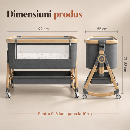 Patut Pliabil Bebelusi Elindor® 3 in 1, pentru Copii 0-6 luni, Leagan Bebe pe 2 Etaje, Cos Depozitare, 6 Trepte de Inaltime Reglabila, Portabil, Plasa Laterala, Plasa Anti-insecte, Roti cu Sistem Blocare, Saltea Integrata, Greutate Maxima 10 kg, Gri