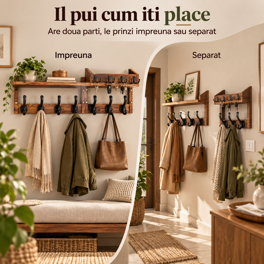 Set 2 Cuiere Suspendate Elindor®, Raft pe 2 Niveluri, cu 11 Carlige Duble, Mobila Hol, Birou, Etajera Practica cu Design Aerisit, Usor de Asamblat, Perfecta pentru Organizare, Polita Produse Diverse, 67 x 11 x 23 cm, Maro Rustic