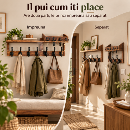 Set 2 Cuiere Suspendate Elindor®, Raft pe 2 Niveluri, cu 11 Carlige Duble, Mobila Hol, Birou, Etajera Practica cu Design Aerisit, Usor de Asamblat, Perfecta pentru Organizare, Polita Produse Diverse, 67 x 11 x 23 cm, Maro Rustic