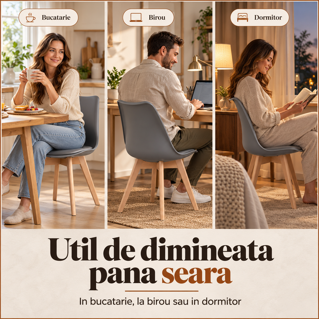 Set 4 Scaune Dining Elindor®, Stil Retro, Piele Ecologica, Picioare din Lemn Natural, Spatar Ergonomic, Sezut Confortabil, Design Elegant pentru Living, Bucatarie sau Dining, Gri
