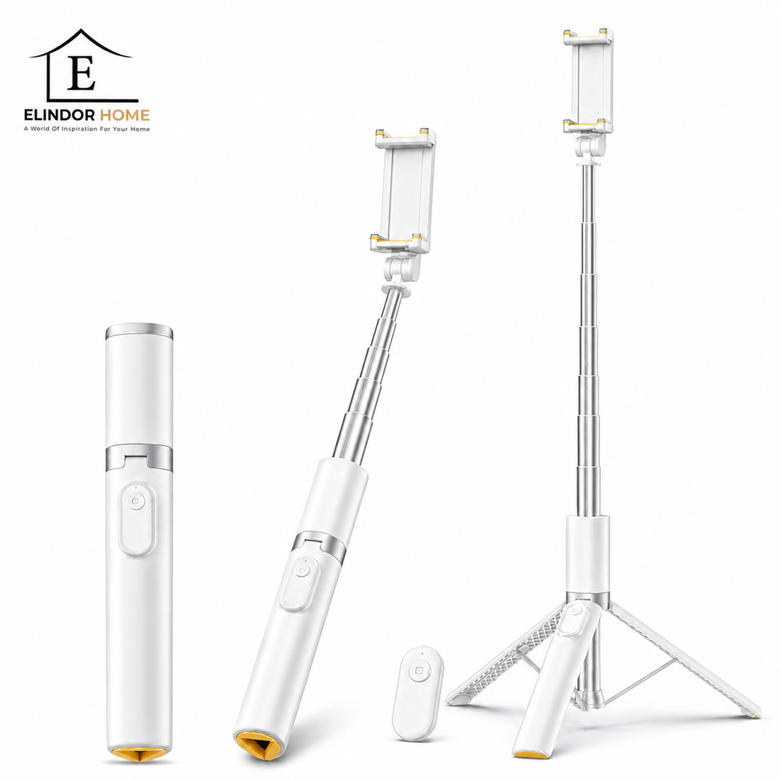 Trepied Foto Telescopic Profesional Elindor® Stativ Telefon 2-in-1, cu Telecomanda Bluetooth si Functie Selfie Stick, Compatibil iPhone / Android, Tripod Universal, Suport Durabil si Usor, Unghi Ajustabil 180°, 32-160 cm, pentru Foto / Video, Alb