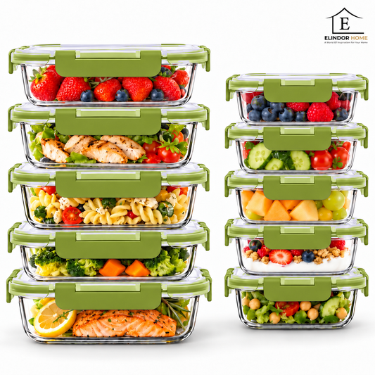 Set de 10 Caserole Elindor® din Sticla Borosilicata, Recipiente Ingrediente pentru Bucatarie, pentru Alimente Uscate, Recipient pentru Depozitare Zahar, Cafea, Paste, Cereale, Capac Etans, Verde Lime
