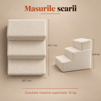 Scari Animale Elindor®, 3 Trepte pentru Caini si Pisici, Trepte Antiderapante pentru Pat sau Canapea, Structura din Spuma cu Rezilienta Ridicata si Material Textil, pentru Dormitor, Living, 45.7 x 38.1 x 34.3 cm, Bej