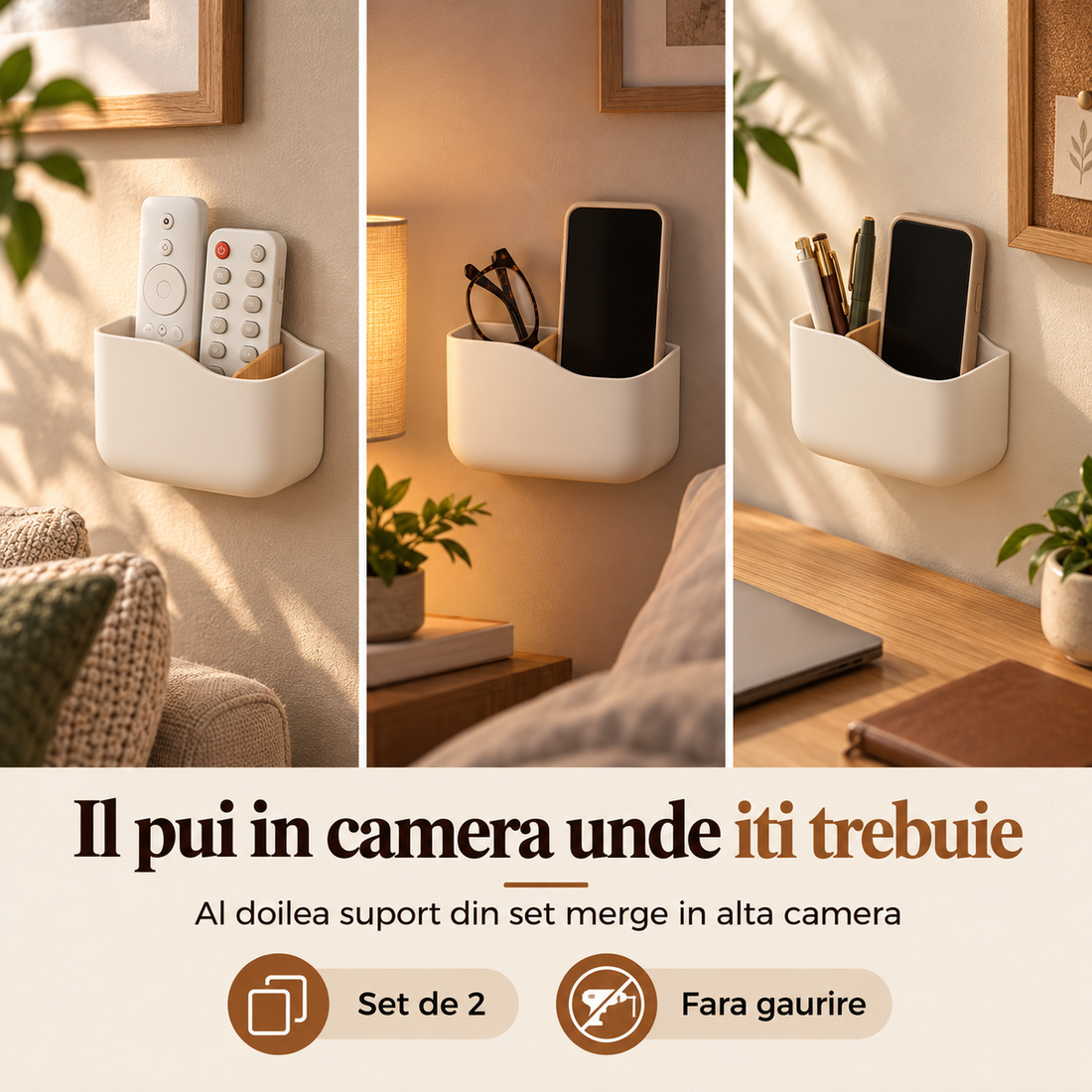 Set 2 Organizatoare de Perete Elindor®, Suport pentru Telecomenzi, Telefon, Ochelari si Accesorii, 2 Compartimente Fiecare, Separator din Bambus, Montaj Autoadeziv fara Gaurire, pentru Living, Dormitor si Birou, 14 x 5.5 x 9.5 cm, Alb