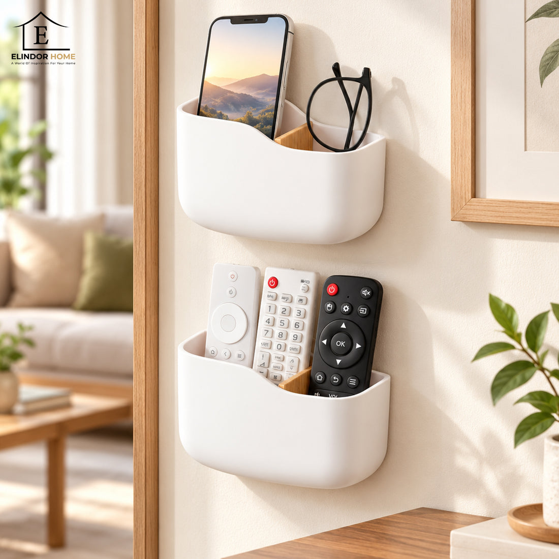 Set 2 Organizatoare de Perete Elindor®, Suport pentru Telecomenzi, Telefon, Ochelari si Accesorii, 2 Compartimente Fiecare, Separator din Bambus, Montaj Autoadeziv fara Gaurire, pentru Living, Dormitor si Birou, 14 x 5.5 x 9.5 cm, Alb