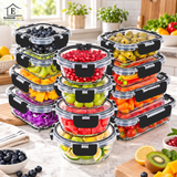 Set de 12 Caserole Elindor® din Sticla Borosilicata, Recipiente Ingrediente pentru Bucatarie, pentru Alimente Uscate, Recipient pentru Depozitare Zahar, Cafea, Paste, Cereale, Capac Etans, 320–1040 ml, Negru