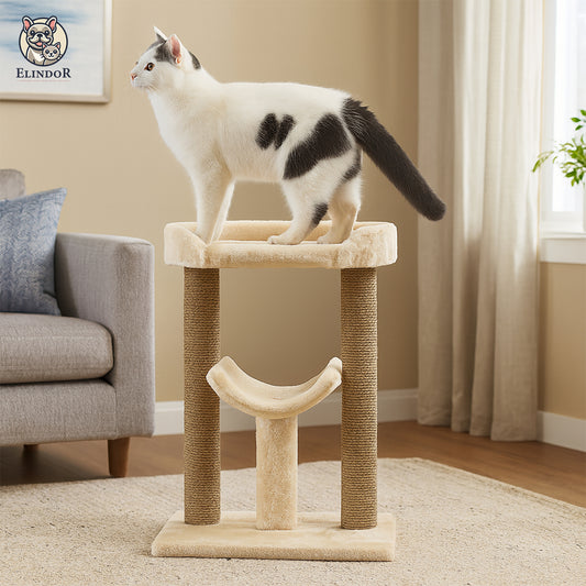 Ansamblu de Joaca Elindor® pentru Pisici, Post pentru Zgariat din Sisal, Stalp pentru Ascutit Gheare, Baza Solida, 2x Loc pentru Dormit, Accesorii Animale de Companie, Montare Usoare, 50 x 47 x 32 cm, Bej / Maro