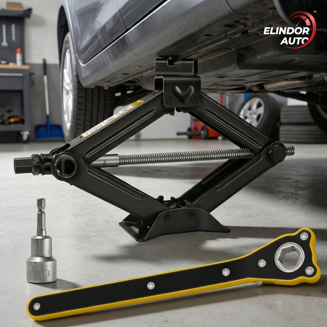 Cric Auto Trapezoidal Elindor® pentru Ridicarea Masinii, Greutate Maxima Suportata 2 Tone, Ideal pentru Vehicule Tip Autovehicul, Motocicleta, ATV, Camion, Utilaj Agricol, 41.5 × 9 × 10 cm, Negru