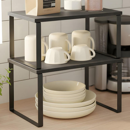 Set 2 Rafturi Elindor® din Bambus, Raft Extensibil si Suprapus pentru Bucatarie, Organizator Metalic Reglabil, Ideal ca Etajera Depozitare in Camara sau Birou, Perfect pentru Condimente, Vesela, Farfurii, Stabil si Compact, Polita pentru Obiecte, Negru