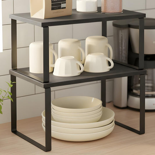 Set 2 Rafturi Elindor® din Bambus, Raft Extensibil si Suprapus pentru Bucatarie, Organizator Metalic Reglabil, Ideal ca Etajera Depozitare in Camara sau Birou, Perfect pentru Condimente, Vesela, Farfurii, Stabil si Compact, Polita pentru Obiecte Diverse,