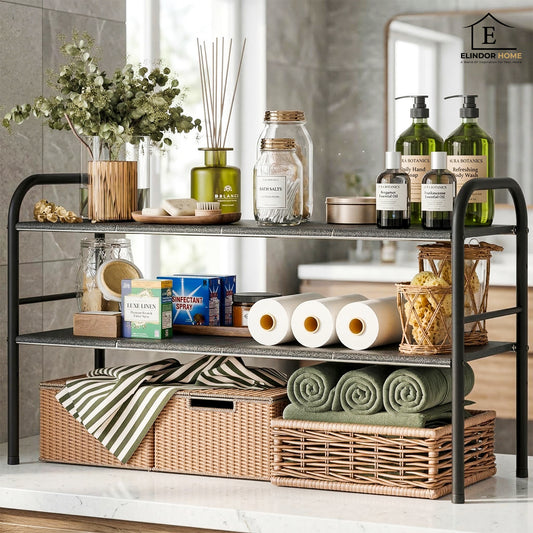 Raft Organizator Sub Chiuveta Elindor®, Raft Extensibil cu 2 Niveluri si 8 Panouri Detasabile pentru Dulap Bucatarie sau Baie, Organizator Reglabil pentru Depozitare Sub Chiuveta, Structura Metalica din Otel Carbon, 82 × 42 × 25 cm, Negru